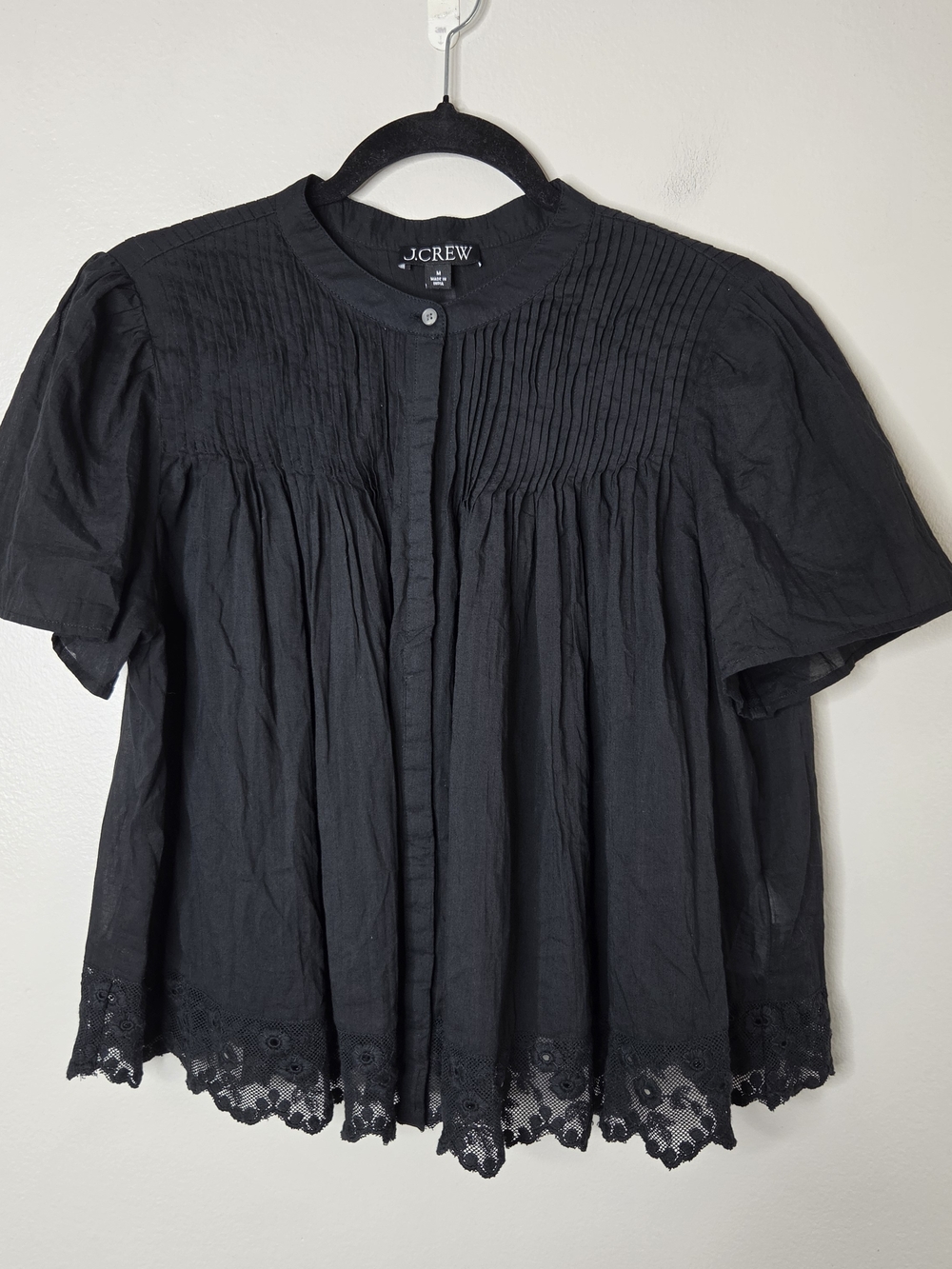 J.Crew Black Pintuck Lace-Trim Top In Cotton Voile